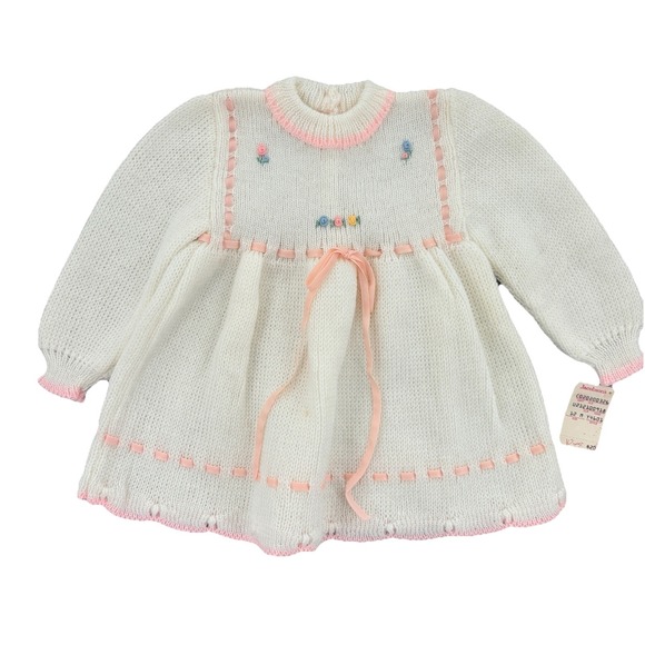 Other - NWT Vintage Jacobsons Dress Baby Girl 12M Embroidered White Pink Ribbon Trim